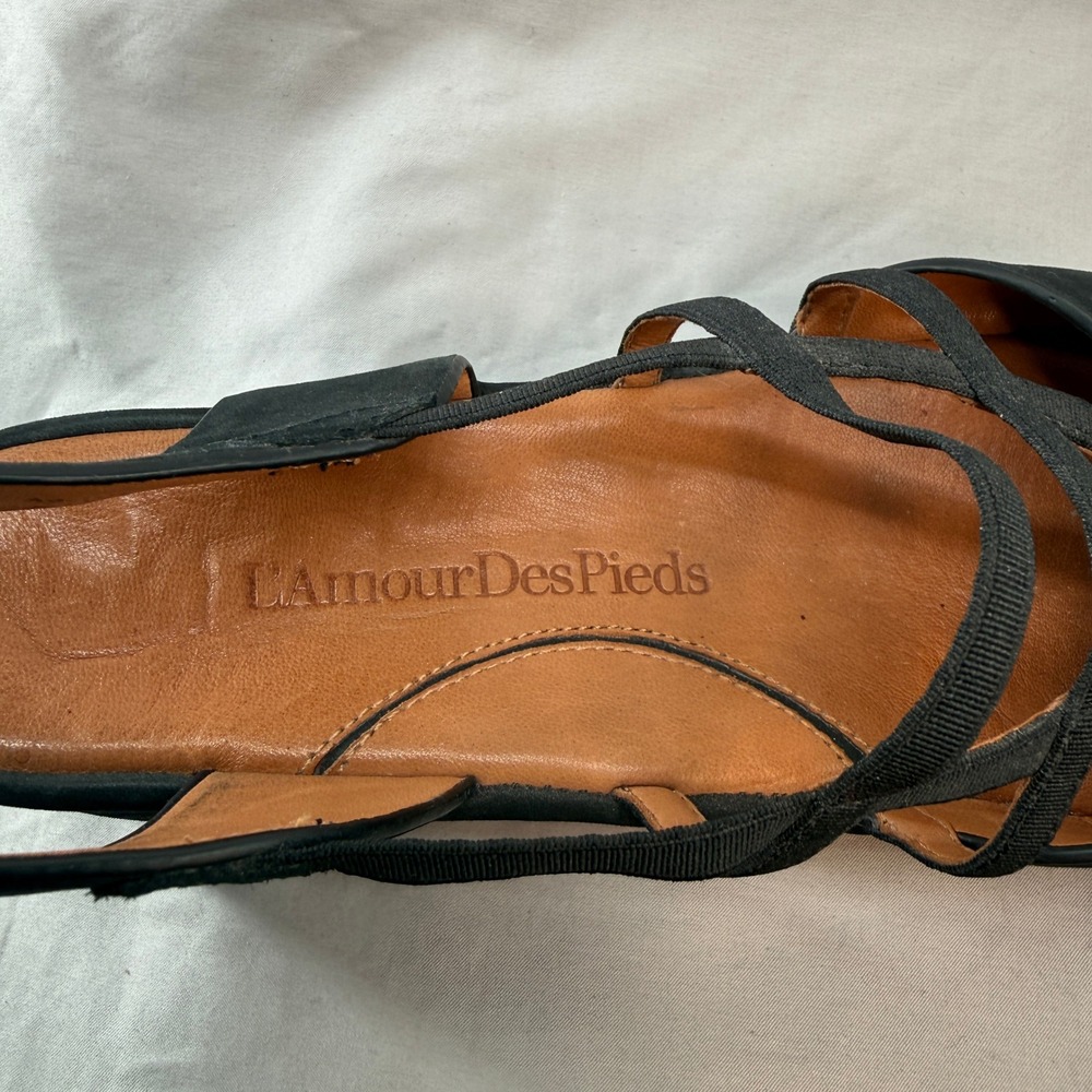 L'Amour Des Pieds Adelais Black Leather Platform Peep Toe Sandals Womens 7.5M - Picture 6 of 8
